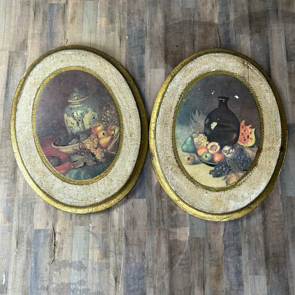 Vintage Pictures Italian gold gilded oval with jar and fruit Kitchen Decor Set